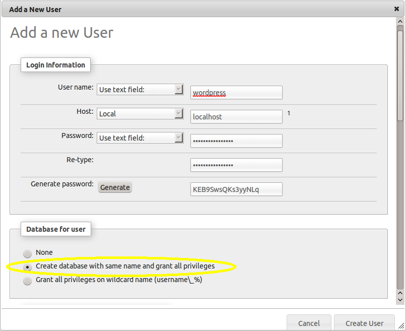 Fill in details and create a database with the same name