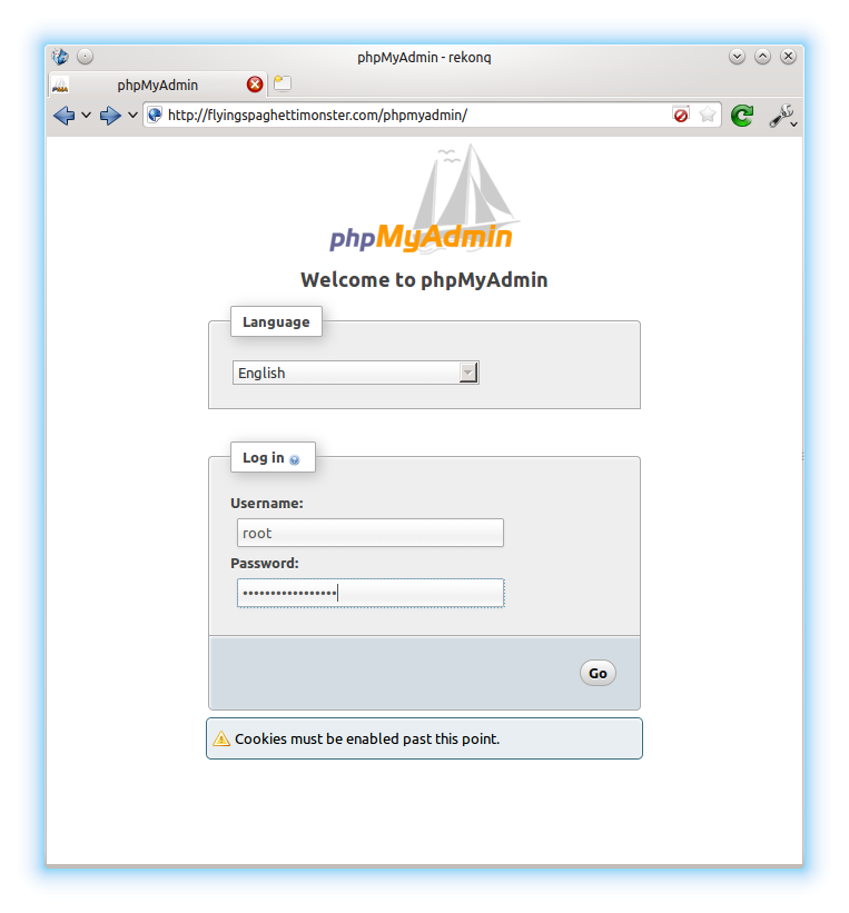 Log in to phpMyAdmin as root