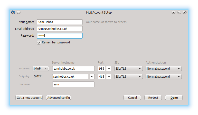 Thunderbird Step 3: Edit the settings so that they match these (but change them to match your username and domain name!)